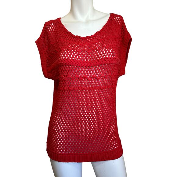 Lafayette 148 New Yotk Red Open Knit Short Cap Sleeve Sweater sz M EUC - Picture 1 of 7
